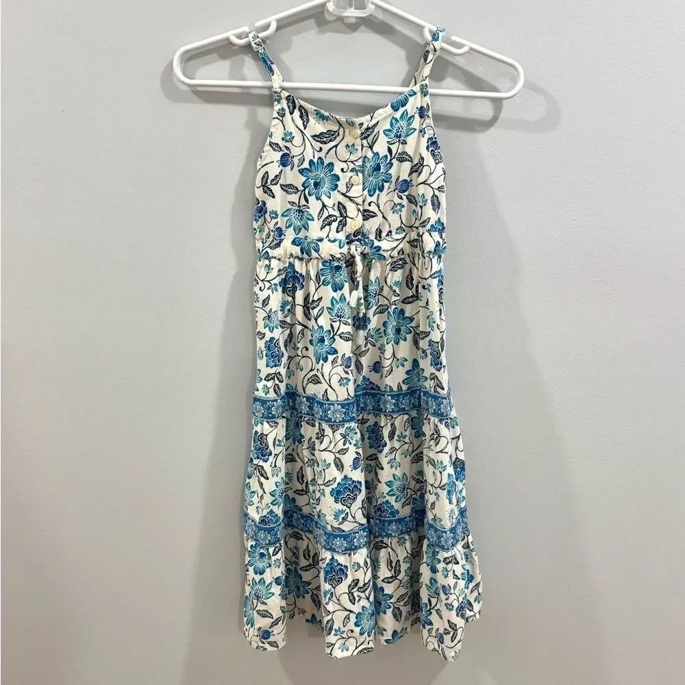 Old Navy girls white and blue floral cotton tiered boho midi sundress size small